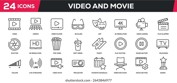 Set of collection line icons related video, movie, cinema. Perfect pixel on transparent background