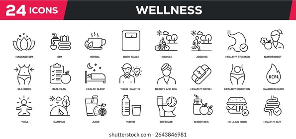 Set of collection line icons related wellness, healthy lifestyle, wellbeing, fitness. Perfect pixel on transparent background