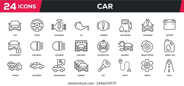 Conjunto de ícones de linha de coleta relacionados carro, automóvel, transporte. Pixel perfeito no fundo transparente
