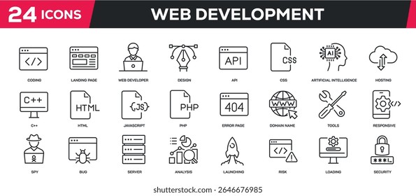 Set of collection line icons related web development, web design, programming. Perfect pixel on transparent background