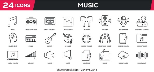 Set of collection line icons related music, audio, media player. Perfect pixel on transparent background