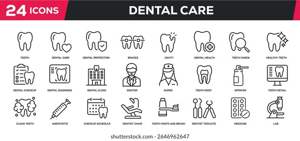 Set of collection line icons related dental care, dental health, dental clinic. Perfect pixel on transparent background