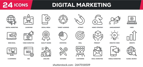 Conjunto de ícones de linha de coleção relacionados a marketing digital, publicidade, e-commerce. Pixel perfeito no fundo transparente