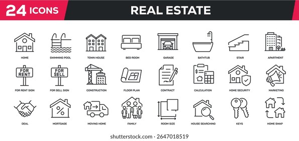 Set of collection line icons related real estate, home, residence. Perfect pixel on transparent background