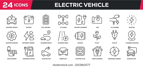 Set of collection line icons related electric vehicle, electric car, green car. Perfect pixel on transparent background