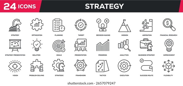 Set of collection line icons related strategy, planning, tactic. Perfect pixel on transparent background