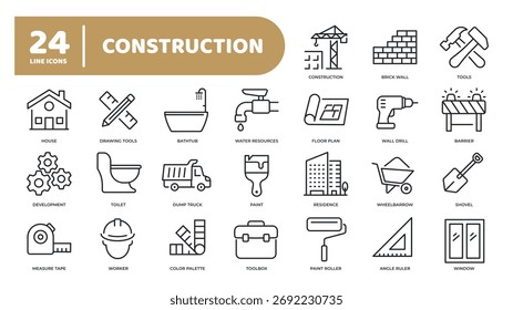Conjunto de ícones de linha de coleção relacionados à construção, construção. Pixel perfeito no fundo transparente