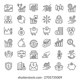 Conjunto de ícones de linha de cobrança relacionados ao Stock Market. Pixel perfeito no fundo transparente