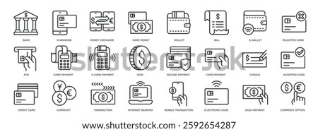 Set of collection line icons related payment, finance, money, currency. Perfect pixel on transparent background