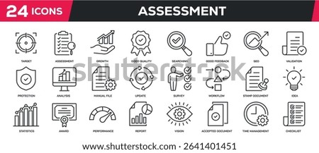 Set of collection line icons related assessment, compliance, analysis, evaluation. Perfect pixel on transparent background