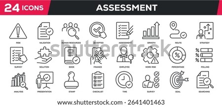 Set of collection line icons related assessment, compliance, analysis, evaluation. Perfect pixel on transparent background
