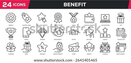 Set of collection line icons related benefit, bonus, reward, intensive. Perfect pixel on transparent background