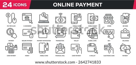 Set of collection line icons related online payment, credit card, cashless. Perfect pixel on transparent background