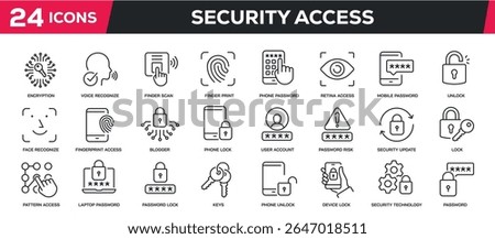 Set of collection line icons related security, access, password, lock. Perfect pixel on transparent background