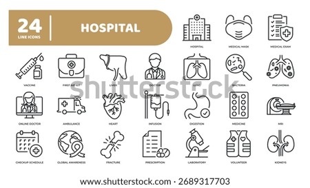 Set of collection line icons related social hospital, medical, healthcare. Perfect pixel on transparent background