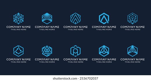 Set Collection Logo Hexagon Box, with Concept Technology Network Data and Initial Letter A Logo Design