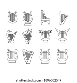 set collection luxury classic lyre harp type and shape line outline vector icon flat illustration design isolated background