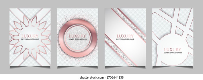 Colección de tapas de lujo diseño de plantilla blanco plateado con elegante oro rosa. Diseño de vectores estilo vip premium para libros, revistas, catálogos, celebración de afiches, aniversario de volante, paquete