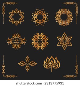  set collection luxury ornament decoration design black background and gold symbol