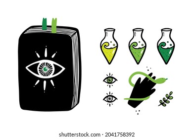 Set, collection of magic, witchcraft, spiritual related icons. Spell book, potions, herb, magic eyes and hand with snake doodle style icons.