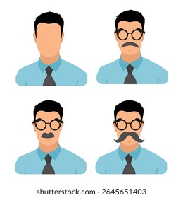 Set, collection of man portraits with mustache and glasses wearing a shirt and tie. School teacher, professor character. Vector illustration