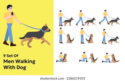 Set of collection Man running, walking,, play, taming, hug, high five, and rubbing dog