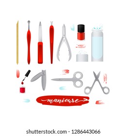 Set collection of manicure accessories. Nail tools, scissors, tweezers, nail polish, files, polish remover, cotton wool. Vector illustration spa salons, body care, studio, service Element of logo
