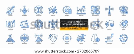set of A collection of media and communications icons suitable for web and mobile application. Set of outline blue style icons with stream, podcast, broadcast, interact, channel, and more icons.