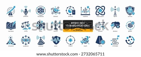 set of A collection of media and communications icons suitable for web and mobile application. Set of glyph blue style icons with stream, podcast, broadcast, interact, channel, and more icons.