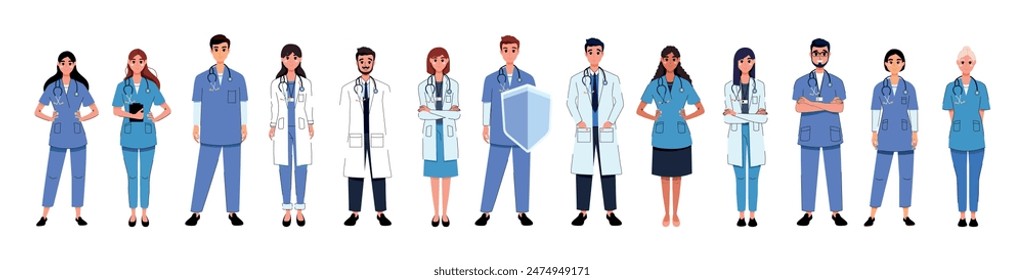 Set and collection with medical staff. Doctors and nurses. Ambulance. Help. Treatment. Characters and people. Hospital. Emergency call. Flat trendy style. Vector illustration. Treatment. Doctor's day