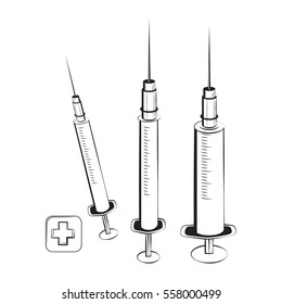 Set collection medicinal syringe. Vector illustration. Graphic design isolated on white background.