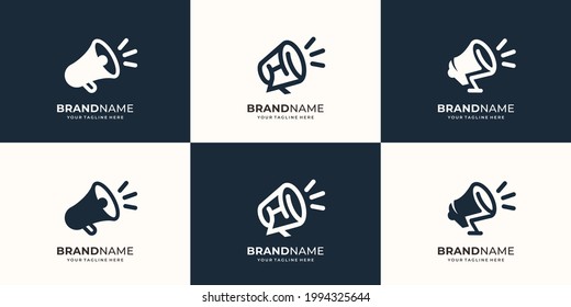 set of collection Megaphone logo design. Hand speaker portable logo, line art style, flat design, symbol loud template. premium vector