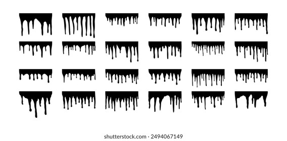 Set and collection of melted paint drip elements. Stream of splashes. Drops and flow of watercolor, oil paint, spray paint in black.  Liquid ink. Grunge.  Hand drawn. Doodle.  Spots silhouettes. Color