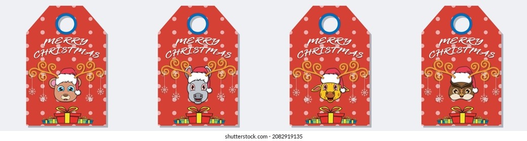 Set Collection Of Merry Christmas and  Happy New Year hand drawn label tag With Cute  Head Character Design. Bear, Donkey, Giraffe and Penguin.  Vector and Illustration.