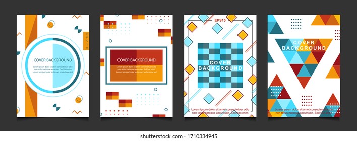 Set of collection minimal cover a4 geometric background with hipster and memphis pattern shapes composition. Bauhaus 80s and 90s fun Retro style vector layout for use poster, magazine, flyer, annual