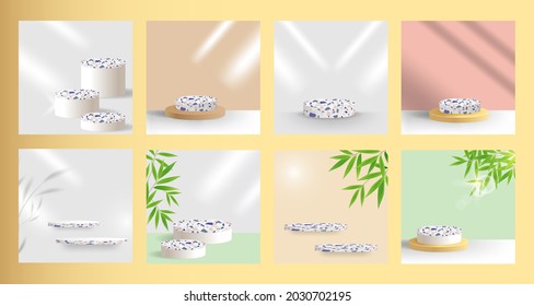 Set collection of minimal luxury terrazzo podium stage or platform for isolated product display presentation in white pearl, gold ceramic with shadow overlay and bamboo leaf. Template 3d mockup design