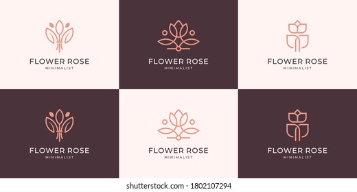 Colección minimalista diseño de diseño de líneas de lujo femeninas con logotipo floral y hoja.