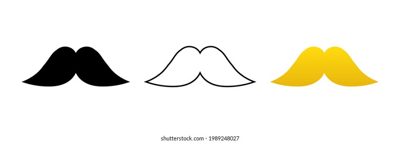 Set, collection of minimalistic moustache icons for barbershop design. Black, outlined, golden mustache silhouettes icons.
