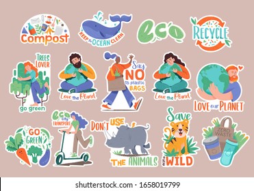 Set collection of modern doodle hipster stickers with many eco friendly people, slogans and signs. Badges design with wild animals, planet, green treeth, cute characters, phrases. Compost zero waste.