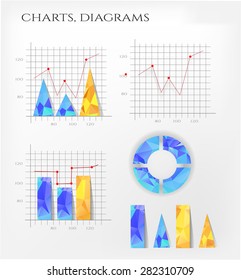 Set, collection of modern, isolated, colorful - blue, yellow, white colors, pie charts, diagrams, graphs - with pattern, for infographics, presentations, reports, documents, white background