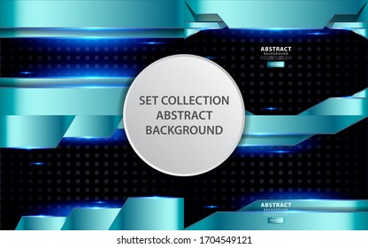 Set Collection Modern Silver Blue Overlay Layers Background. Realistic Light Effect On Textured Black Pentagon Background.