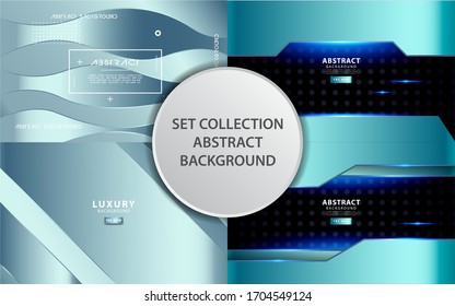 Set Collection Modern Silver Blue Overlay Layers Background. Realistic Light Effect On Textured Black Pentagon Background.