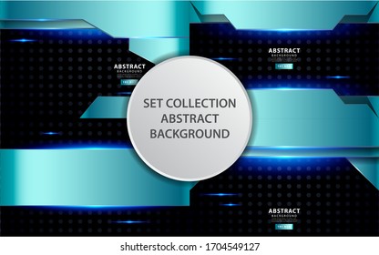 Set Collection Modern Silver Blue Overlay Layers Background. Realistic Light Effect On Textured Black Pentagon Background.