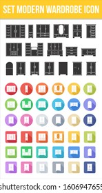 set collection modern type of vector wardrobe/cupboard/closet.silhouette wardrobe, circle and square colorful  icon with long shadow effect. Isolated on white background.flat style design.