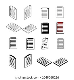 Set of Collection modern vector. Check note icon multi type of 3d isometric, solid, line, scribble hatch, doodle, shadow isometric and a little colour on white background