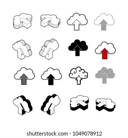 Set of Collection modern vector. Cloud upload icon multi type of 3d isometric, solid, line, scribble hatch, doodle, shadow isometric and a little colour on white background