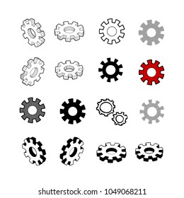 Set of Collection modern vector. Gear icon multi type of 3d isometric, solid, line, scribble hatch, doodle, shadow isometric and a little colour on white background