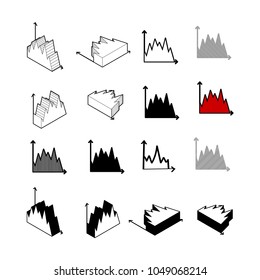 Set of Collection modern vector. Graph Chart icon multi type of 3d isometric, solid, line, scribble hatch, doodle, shadow isometric and a little colour on white background