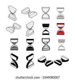 Set of Collection modern vector. Houseglass icon multi type of 3d isometric, solid, line, scribble hatch, doodle, shadow isometric and a little colour on white background