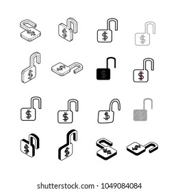 Set of Collection modern vector. Lock icon multi type of 3d isometric, solid, line, scribble hatch, doodle, shadow isometric and a little colour on white background